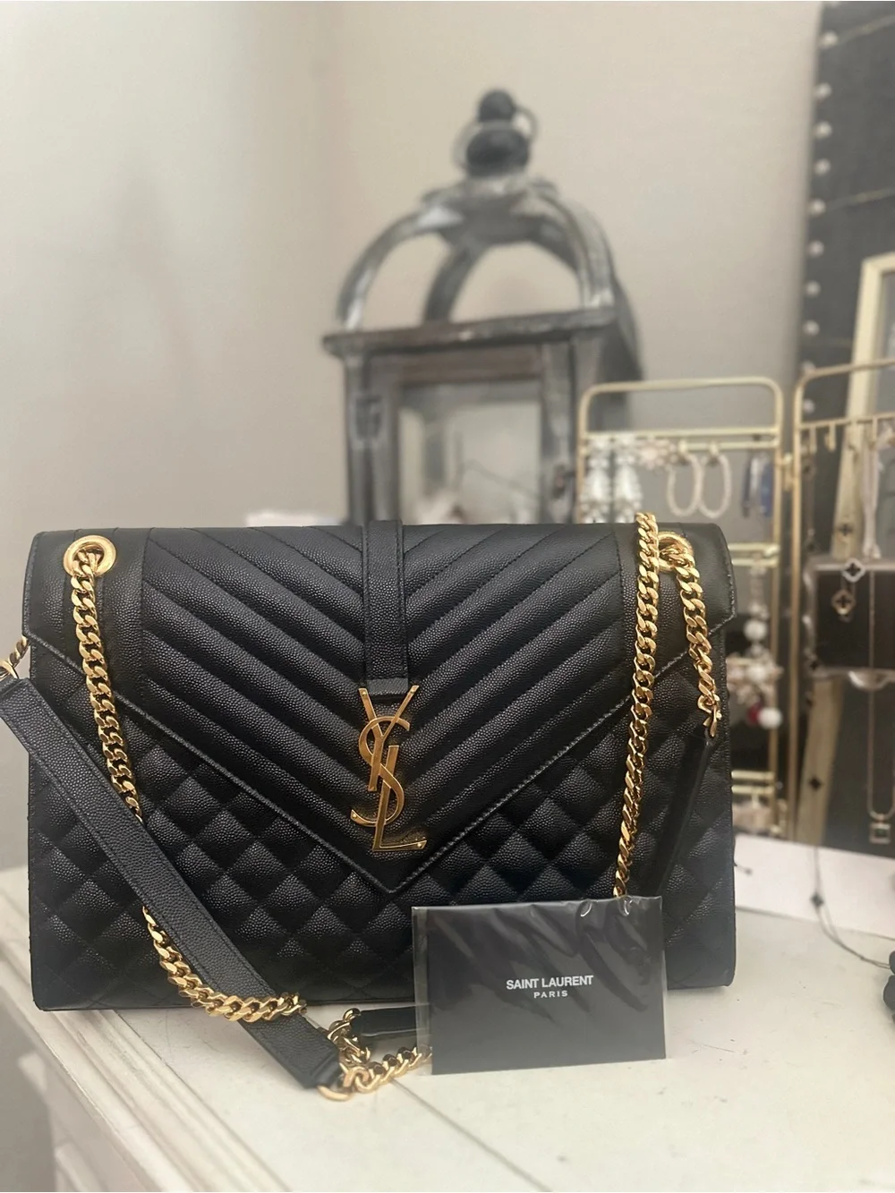Saint Laurent Black Quilted Envelope Shoulder Bag with Gold YSL Hardware